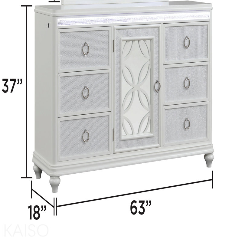 Commode 6 tiroirs de style moderne en bois, poignées de tiroir en métal et DEL en blanc (inclut la commode seulement - miroir non inclus)