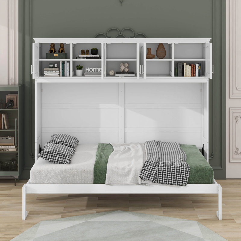 Lit escamotable avec armoires supérieures Murphy, Blanc, Grand lit