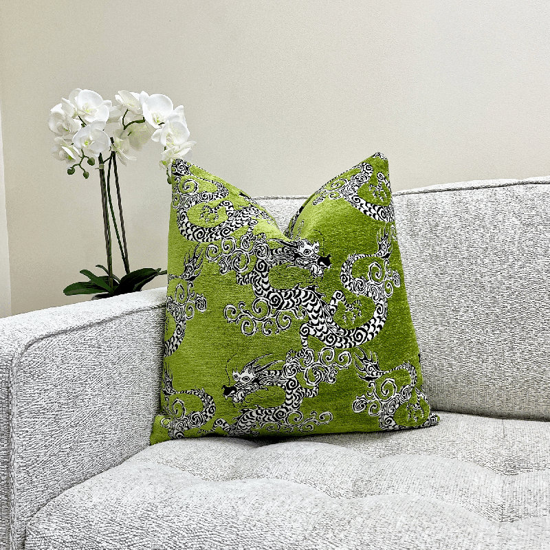 Housse de coussin en chenille brodée, Imprimé animal blanc / vert, H 22 po x l 22 po