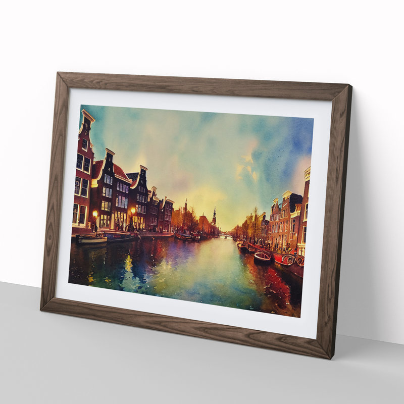 Amsterdam Canal Watercolour Vol.1 - Single Picture Frame Print, 46cm H x 64cm W x 2cm D, Walnut