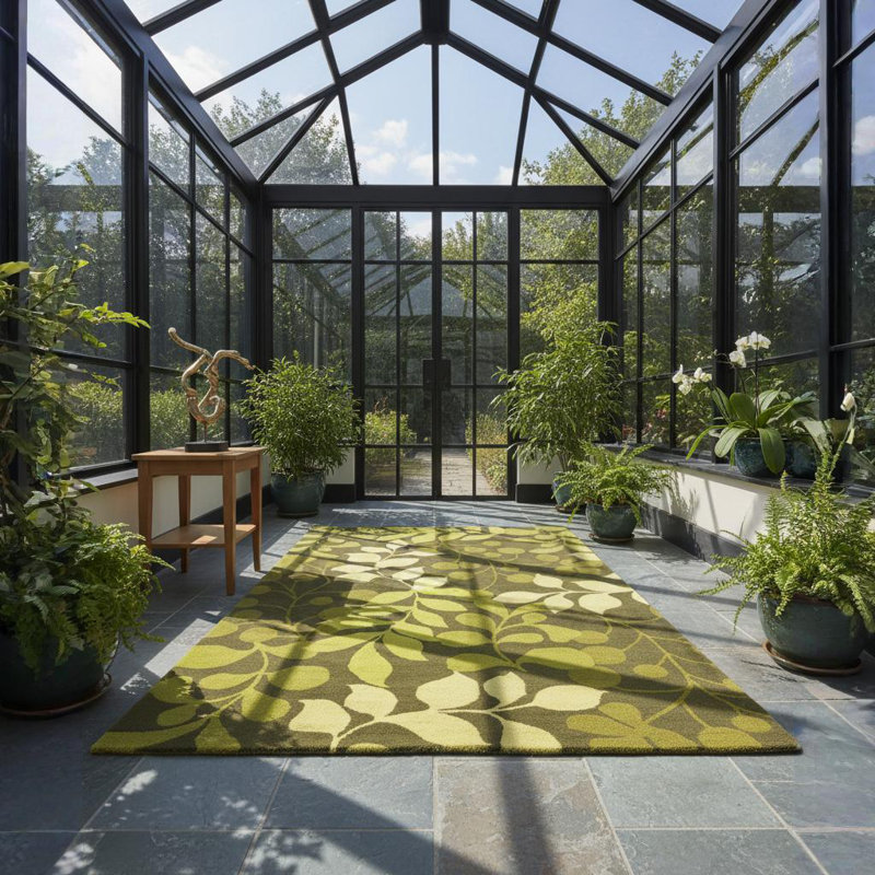 Tapis botanique moderne en laine touffeté à la main vert olive, vert lime et vert Ailey, Rectangle 5 pi x 7 pi 6 po