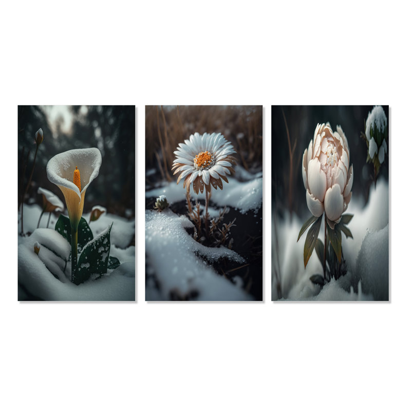 A Blooming White Flower Winter - Ensemble de 3 cadres flottants, Toile tendue, H 32 po x l 48 po