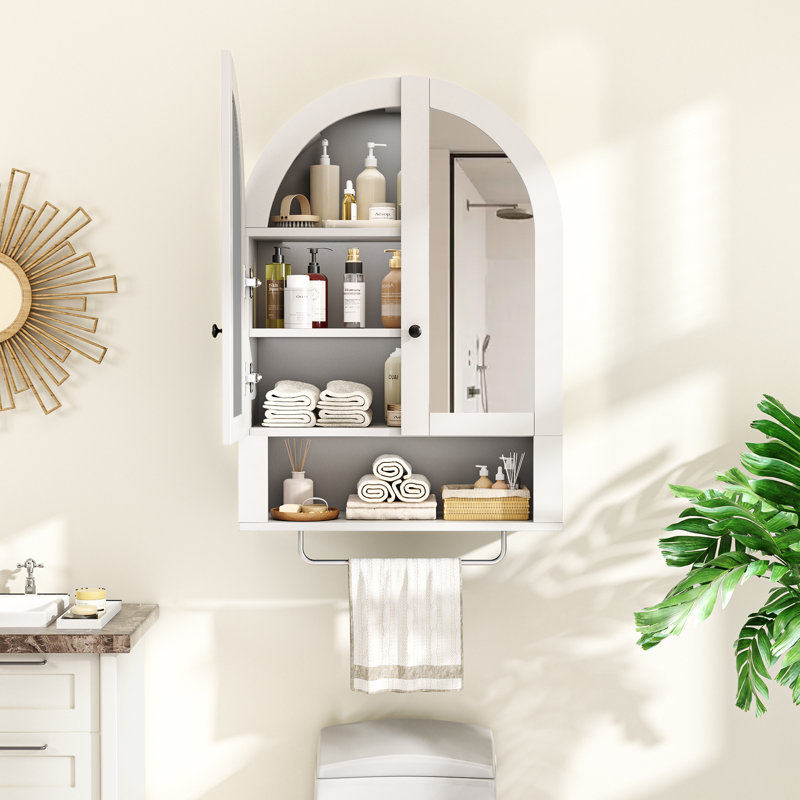Armoire murale moderne arquée avec tablettes réglables et éclairage à DEL, conçue pour le rangement de la salle de bain avec miroir