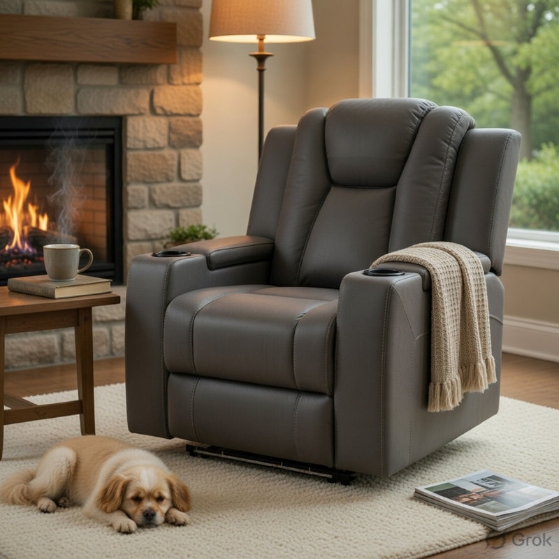 Fauteuil inclinable électrique Jeju Power Motion avec repose-tête électrique et similicuir à DEL gris