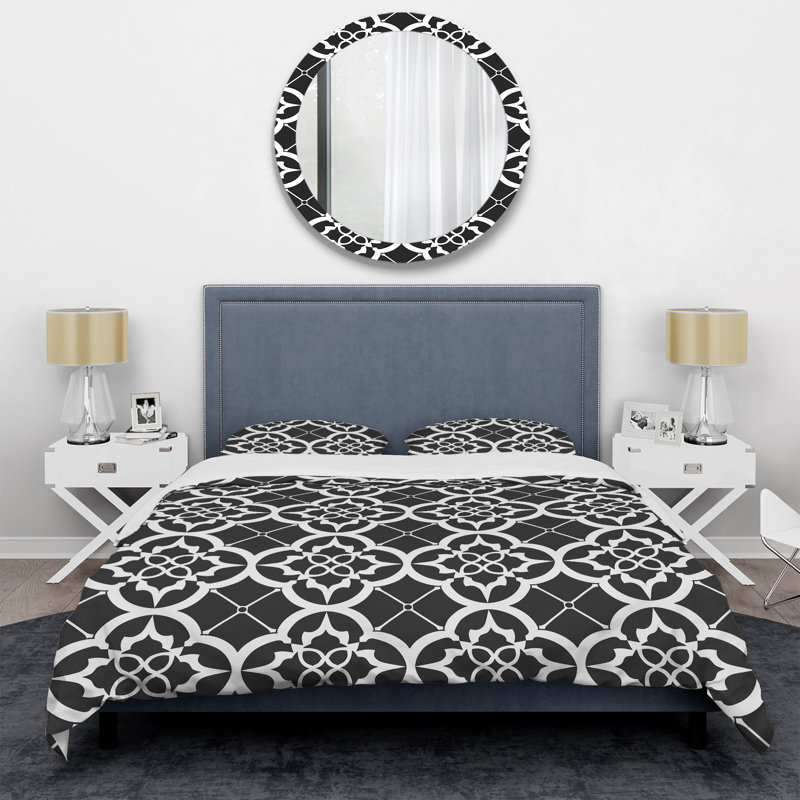 Ensemble de housse de couette moderne noir et blanc quadrilobe IV, Housse de couette simple et deux taies décorative