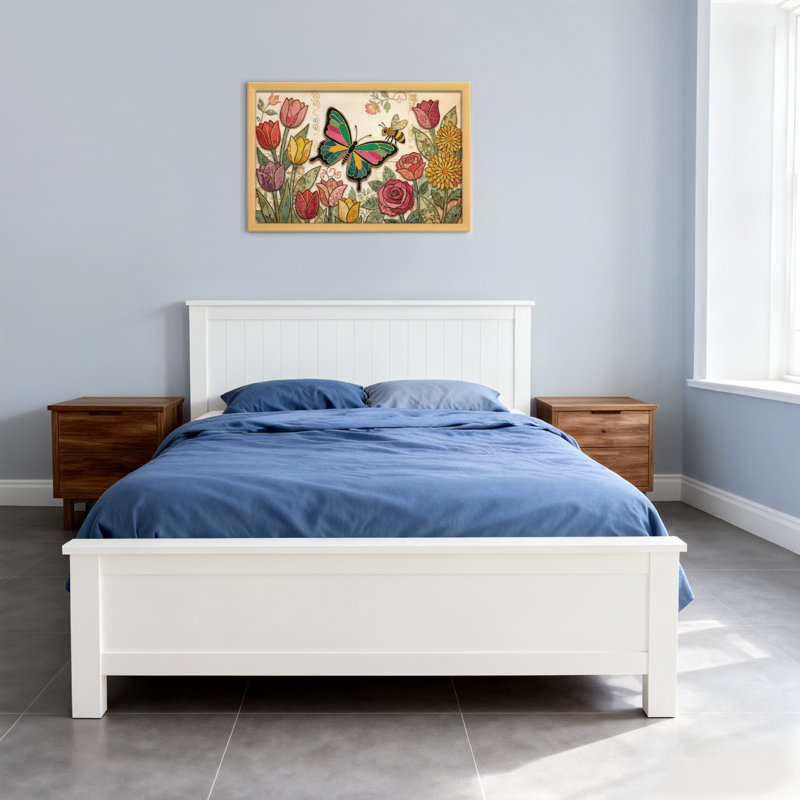 Imprimé animal à motif de papillon, abeille et tulipe rose, H 24 po x l 36 po, Toile tendue, Ne s’applique pas