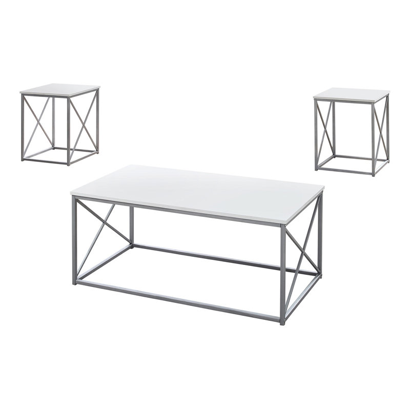 Ensemble de 3 tables basses - plateau lisse blanc épais, table basse + 2 tables de bout assorties