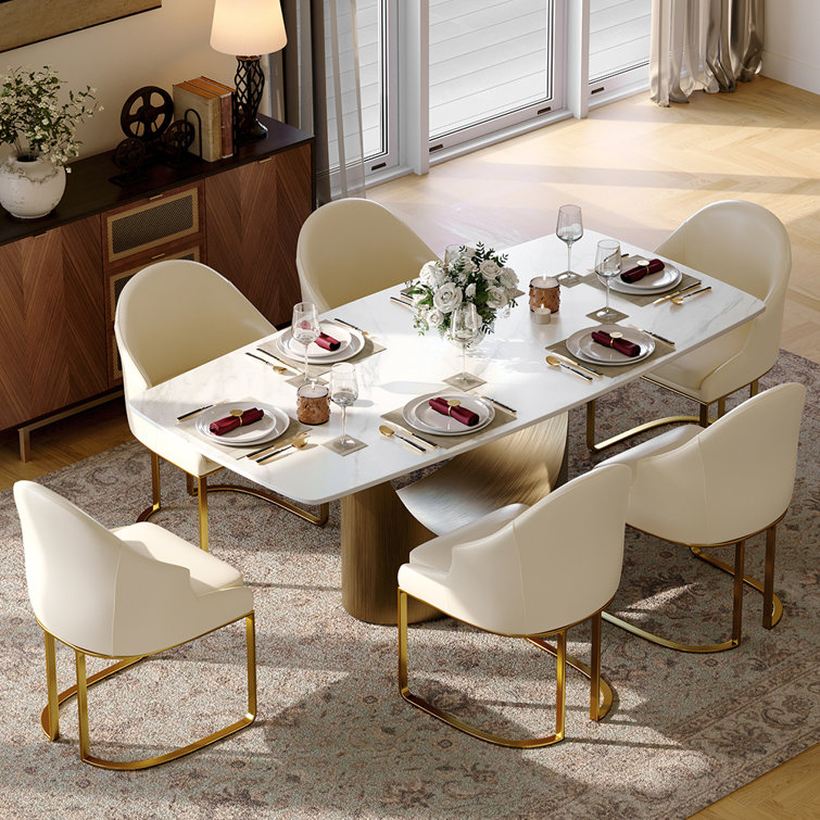 Malaija 7-Piece Modern Dining Room Sets Pre-Assembly, Sintered Stone Tabletop Kitchen Dining Table Set with 6 PU Upholstered Chairs