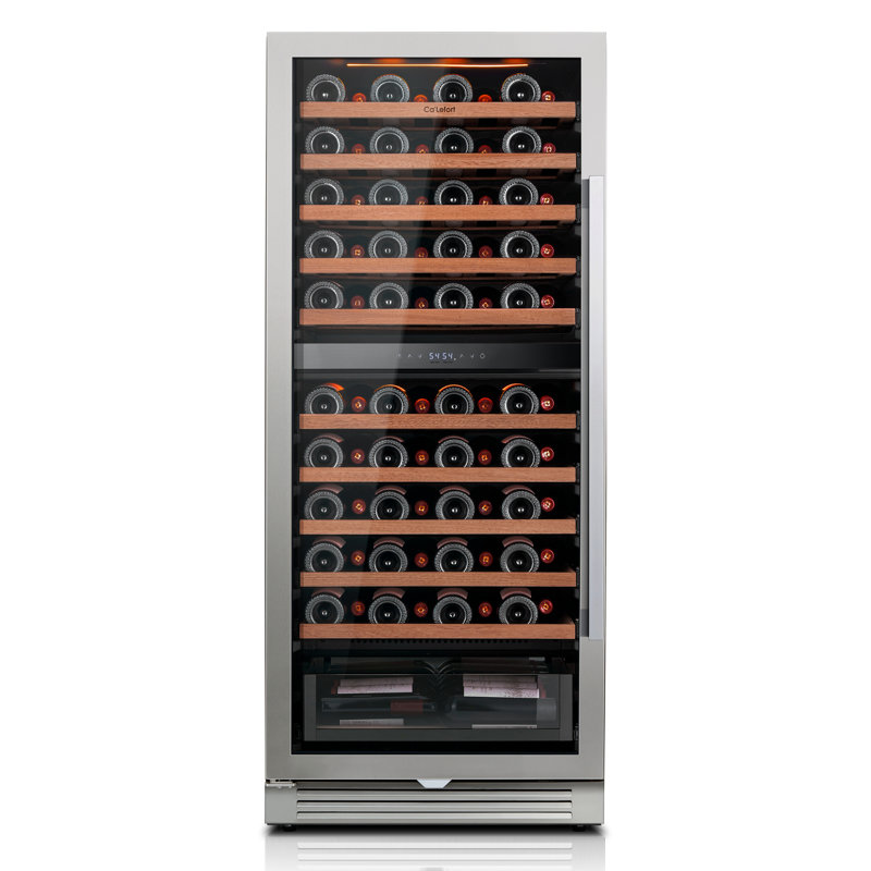 24" 90-Bottle Dual Zone Wine Refrigerator, Built-In & Freestanding, 9.7 Cu.Ft., 40–65°F Precise Temperature, Amber/Blue/White LED Lighting, UV-Protected Double Glass Door, Frost-Free, Adjustable Wood Shelves, Hidden Hinges, Energy Star Wine Cooler