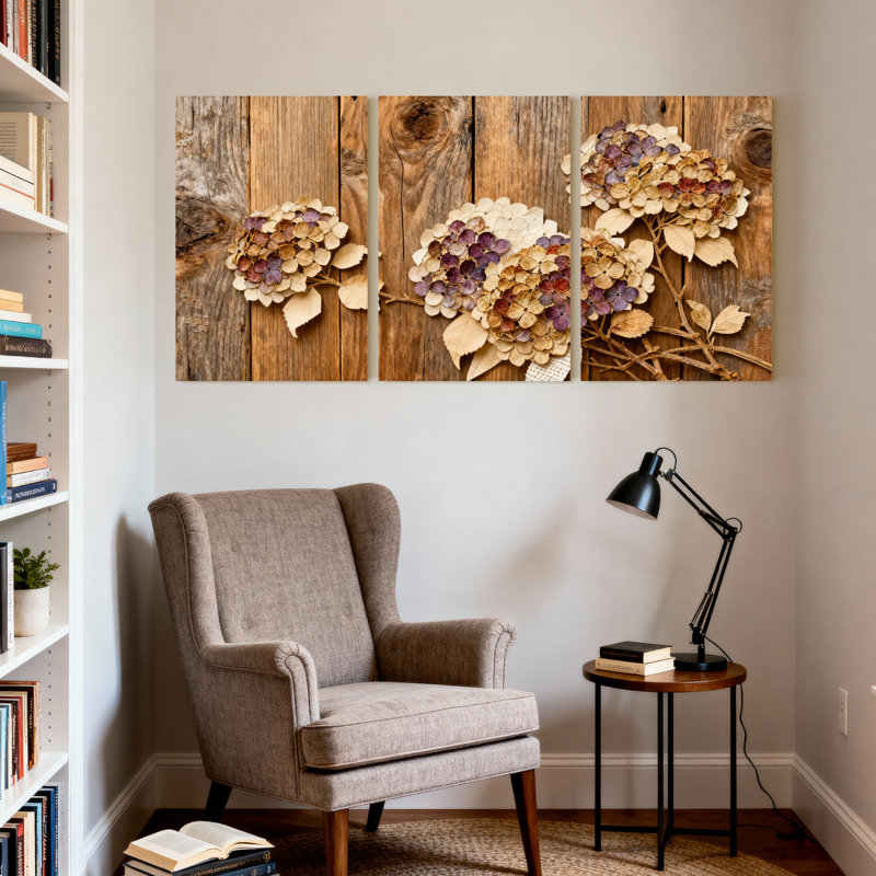 Fleurs d'hortensia séchées sur toile de bois rustique, art mural, impression florale (ensemble de 3), H 24 po x l 48 po