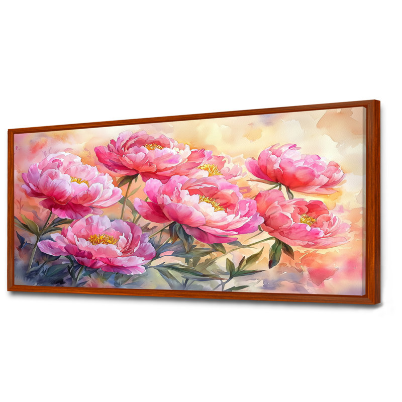 Ilhom pivoines au lever du soleil II - pivoines, art mural, Brun, H 28 po x l 60 po, Impression encadrée flottante