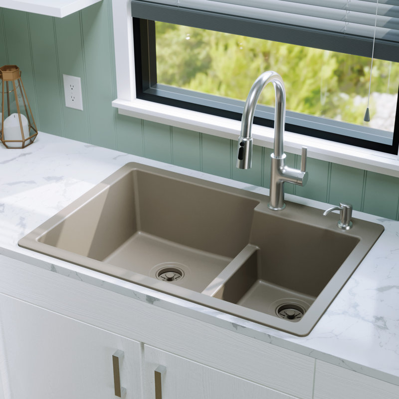 Évier de cuisine à double cuve à montage sur plan 33 po x 22 po 60/40 Karran Quartz, Béton