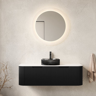 Meuble-lavabo mural en verre transparent noir rond avec meuble-lavabo mural 48 po, armoire de rangement avec 2 tiroirs, panneaux de tiroir rayés de style français 3D, système de fermeture en douceur, contreplaqué haute résistance, pré