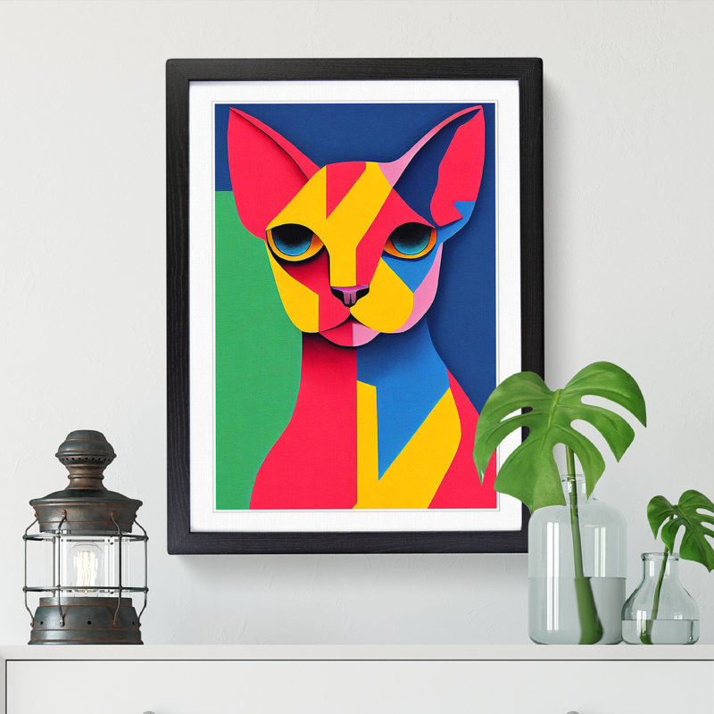 Sphynx Cat Abstract - Single Picture Frame Painting, 64cm H x 46cm W x 2cm D, Oak
