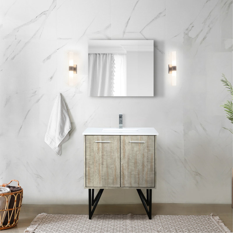 Rustique, 30 po Meuble-lavabo large pour la salle de bain, comptoir en quartz blanc, robinet, 28 miroirs avec baignoire, comptoir et robinet coulissant