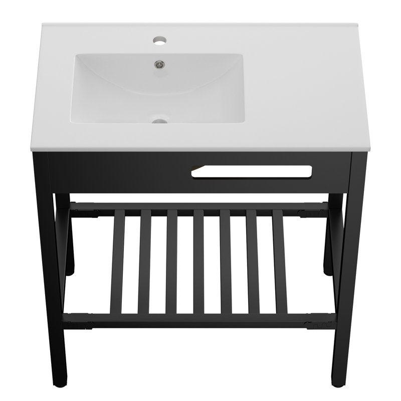 Lavabo de salle de bain console en céramique rectangulaire avec trop-plein 28 po. L 28 po x l 20 po. Support en acier inoxydable