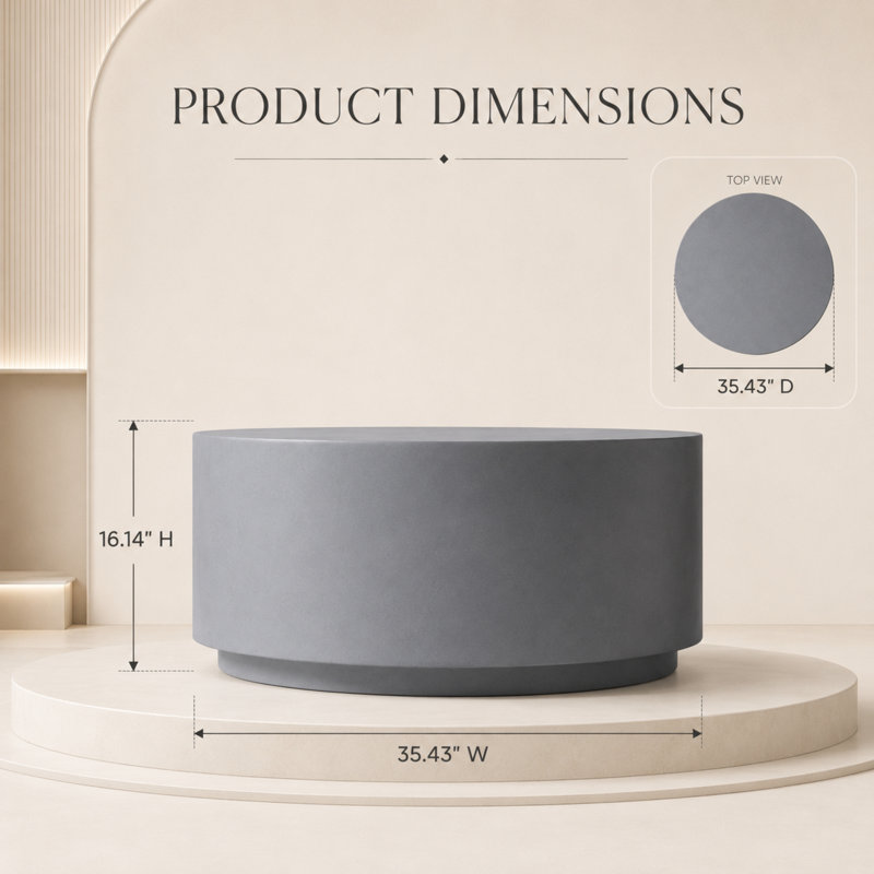 36" Modern Fiberstone Coffee Table - Round Stone Accent Center Table - All-Weather Indoor Outdoor Wide Patio Table, Gray