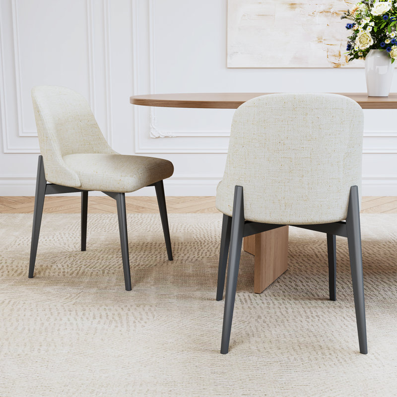 Wood Dining Chairs Modern Fabric Upholstered Kitchen Side Chairs, Black, Beige