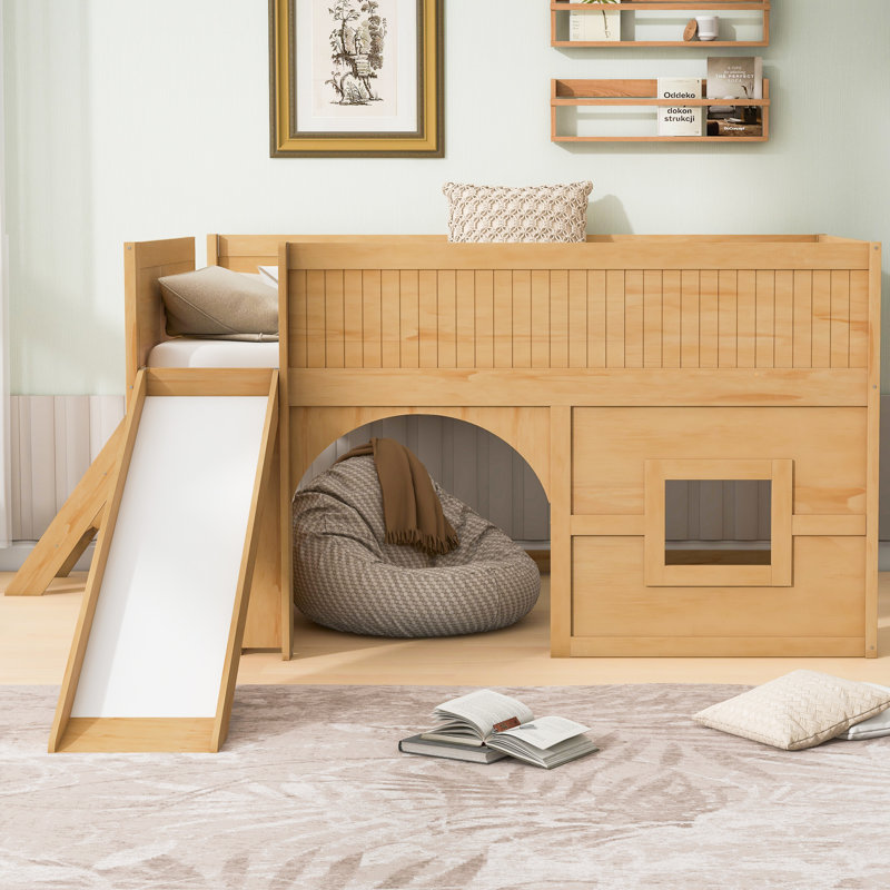  Lit mezzanine double avec glissade, tablettes de rangement et fenêtre, naturel, Beige