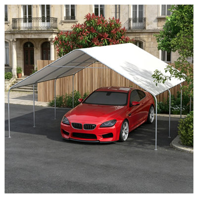 White Portable Carport Canopy Tent with Heavy-Duty HDPE Cover and Reinforced Metal Frame - Outdoor Vehicle Shelter (Approx. 19.5' x 19.2')