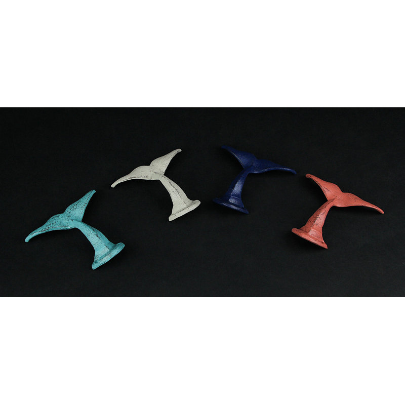 Albaugh coastal cast iron whale tail coat and towel wall hooks set of 4 in white, turquoise, coral, and blue enamel — 5" w x 3.5" h x 3.5" d