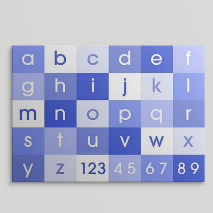«Alphabet» par Justin, art textuel en bleu, H 18 po x l 24 po x P 1,25 po, Toile