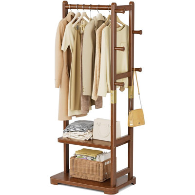 Coat Rack Solid Wood Clothes Rack with 2 Shelves & 4 Hooks for Hanging Clothes Garment Wallets Hats