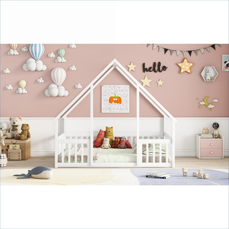 Lit plateforme pour enfant en forme de maison en bois de pin massif
