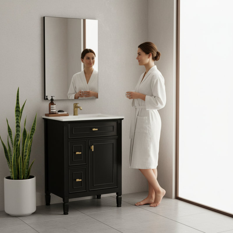 Meuble-lavabo noir 24 po avec lavabo - Armoire autoportante en bois massif et en panneau de fibres à densité moyenne avec tiroir rabattable, deux tiroirs de rangement et une tablette réglable pour une organisation de salle de bain moderne