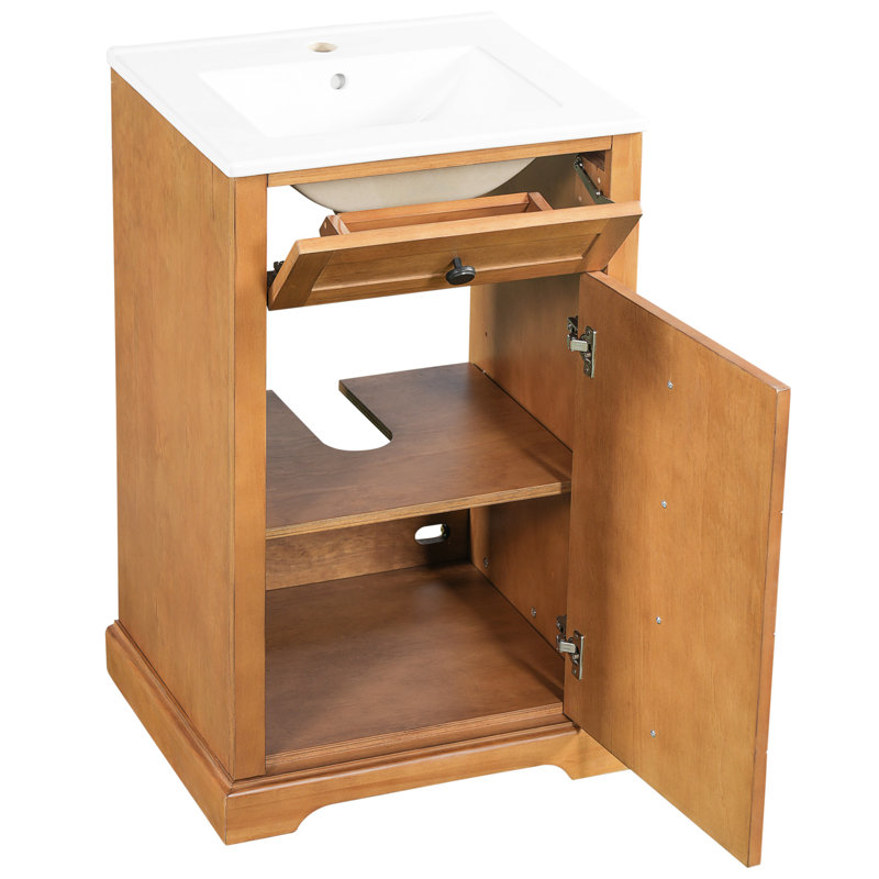 Meuble-lavabo de 20 pouces avec lavabo en céramique, bois massif et armoire, porte à fermeture douce, rangement fonctionnel pour lavabo intégré pour petite salle de bain, cadre, débordement de porte