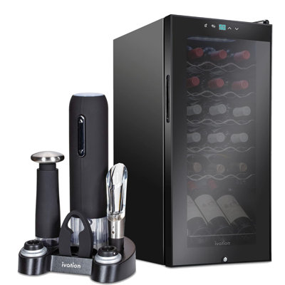 Ivation 13.6'' 18 Bottle Single Zone Freestanding Wine Refrigerator with 5-piece wine gift set