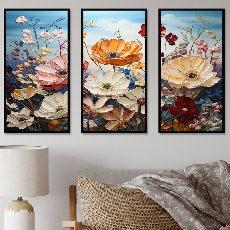 «Pink Plants», art liquide, champ de fleurs - ensemble d'art mural sur toile Flower Field, Cadre flottant noir