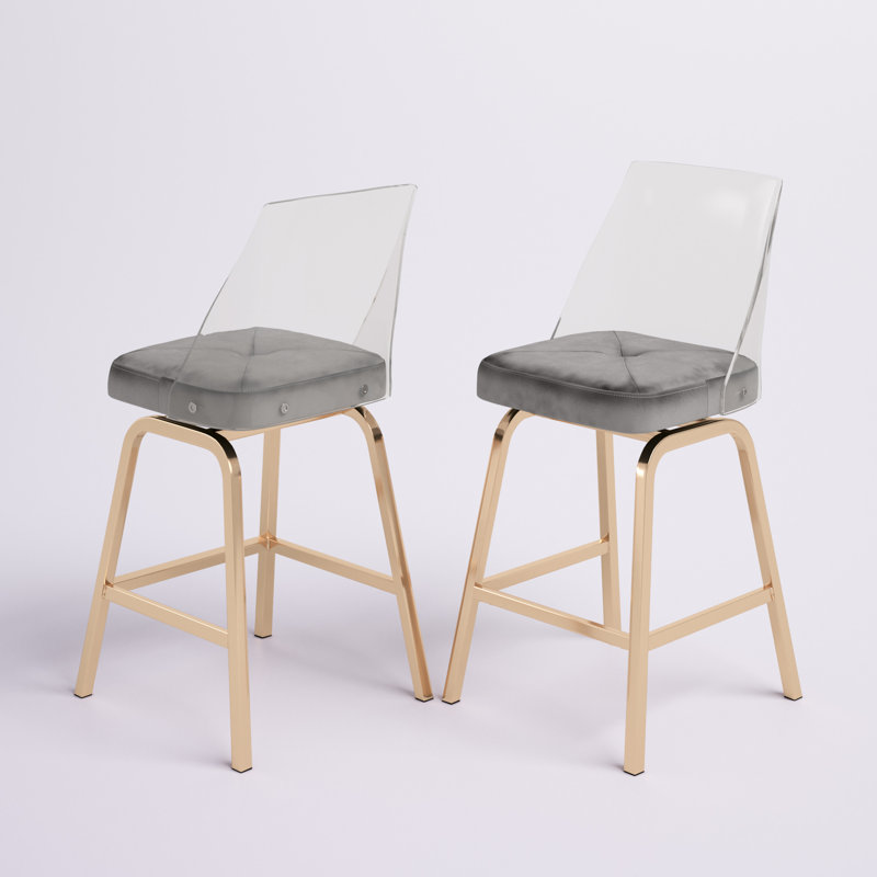 Tabouret de bar et de comptoir pivotant Milica, Tabouret de comptoir (assise de 24 po de hauteur), Bleu acier, Champagne or