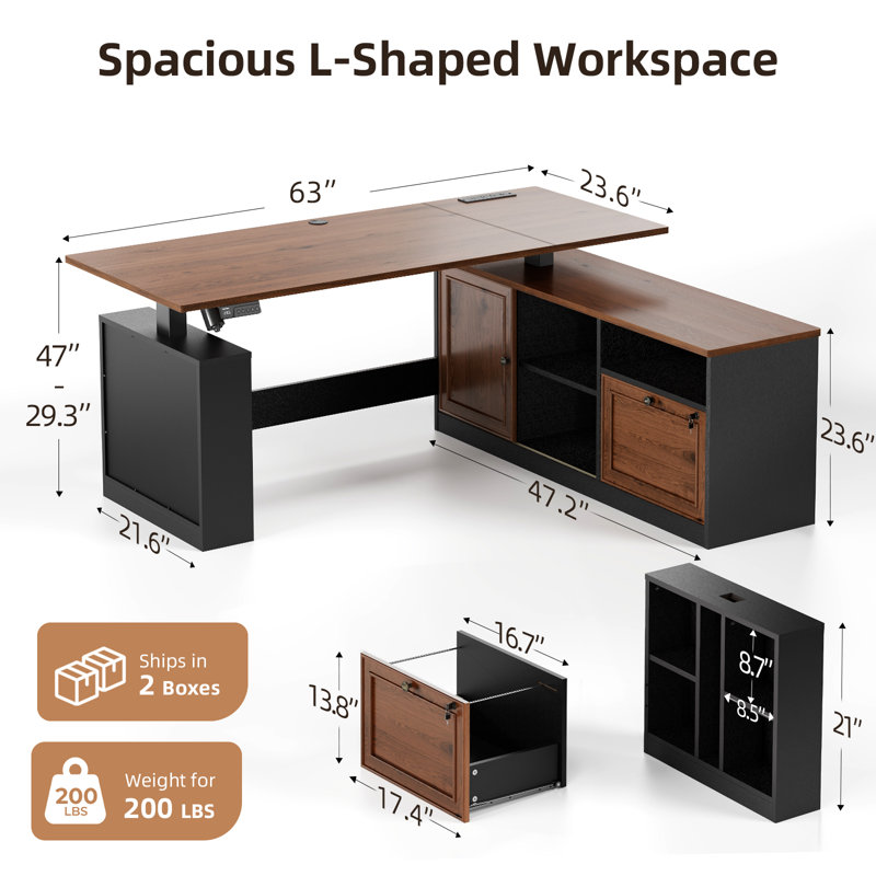 Bureau assis-debout en forme de L avec caisson de rangement, étagères et prises électriques, hauteur réglable pour bureau à domicile