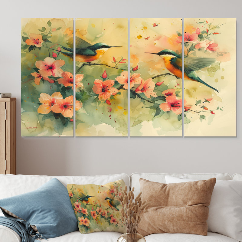 Fleurs jaunes et vertes d'Eden Birds IV - ensemble d'art mural oiseau, H 28 po x l 48 po