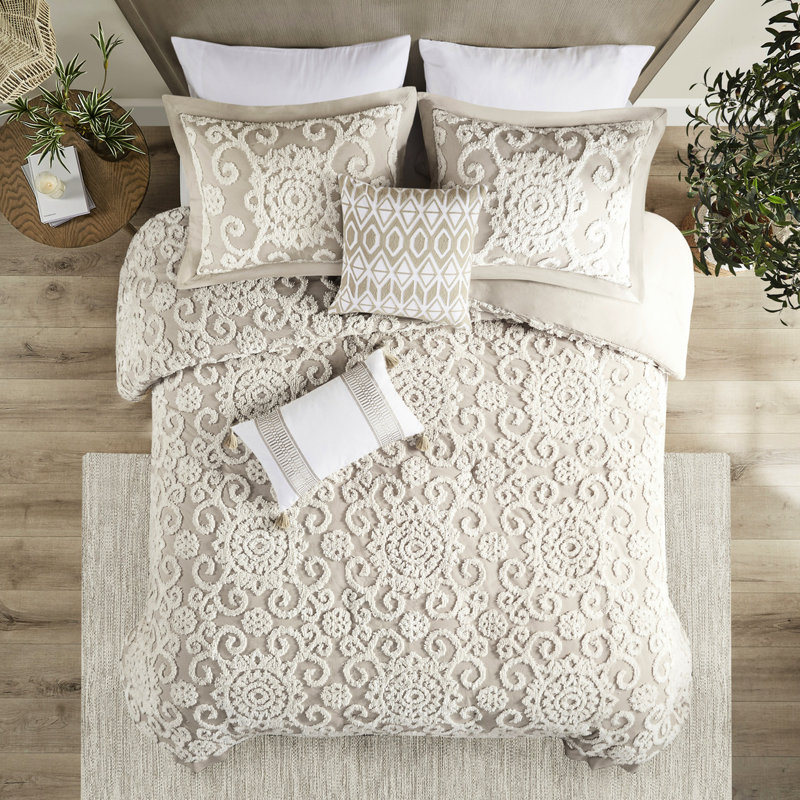 Housse de couette 100% coton taupe avec ornement en chenille ravissante