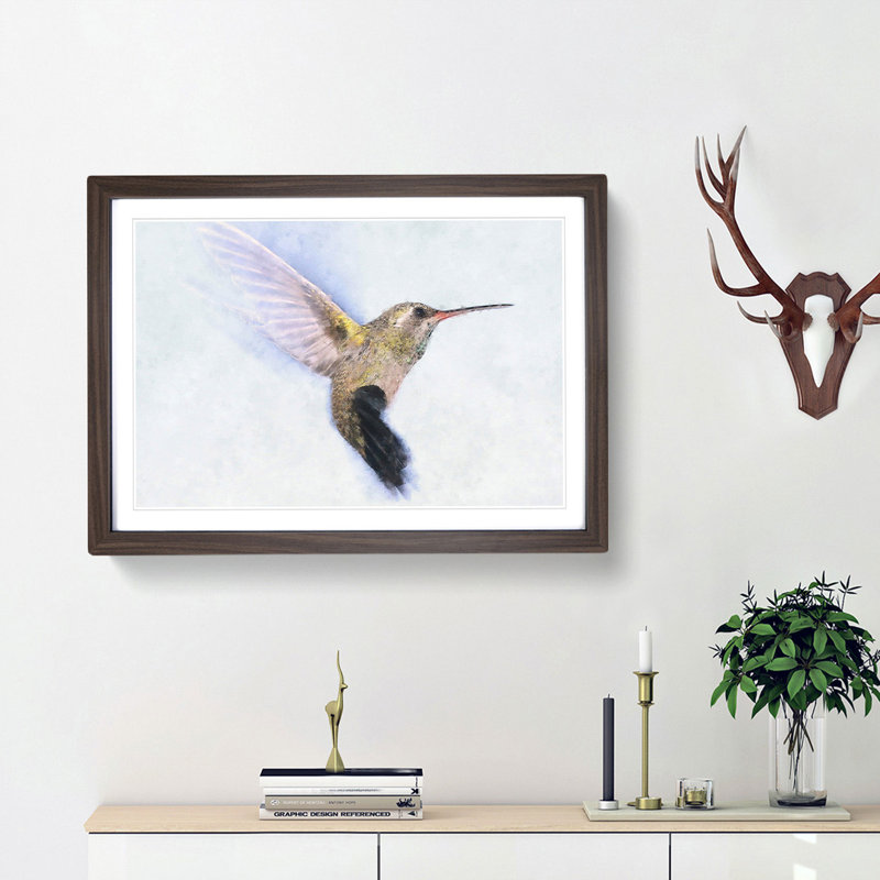 Flying Hummingbird Bird - Picture Frame Graphic Art Print, Walnut Framed, 24cm H x 33cm W x 2cm D