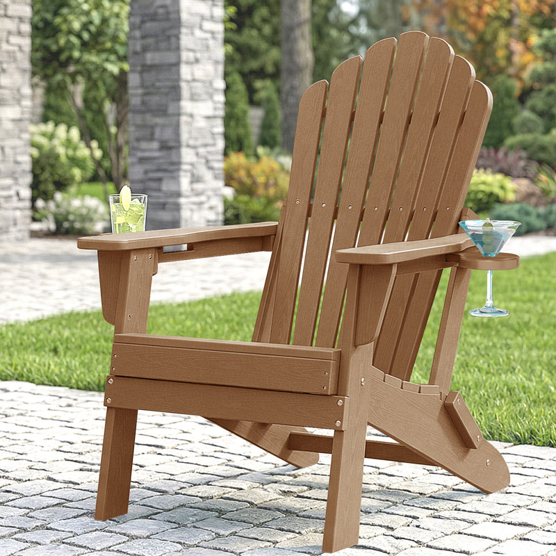 Folding HDPE Adirondack Chair with Dual Cup Holders – All-Weather Outdoor Patio Chair, Teak