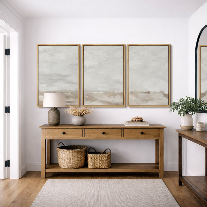 Minimal Landscape "Muted Soft Tranquil Horizon Artwork, Neutral Minimalist Abstract Wall Pictures, Framed Canvas Giclée Print 3 Pieces Wall Art" 16"x24"x3 pcs, 24"x36"x3 pcs