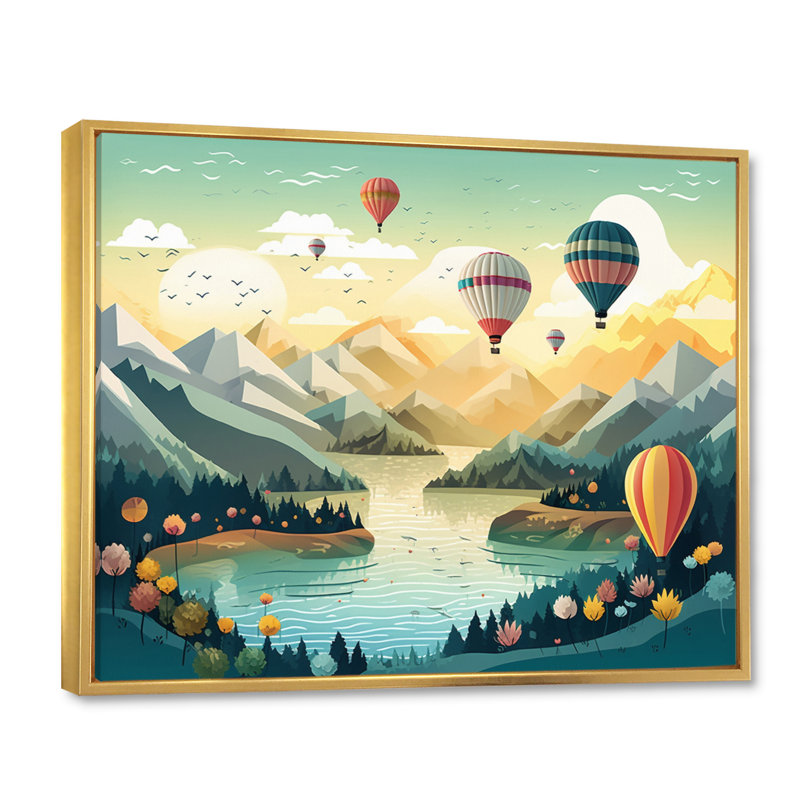 High In The Skies Hot Air Ballon - Art mural sur toile transport, H 34 po x l 44 po x P 1,5 po, Cadre flottant doré