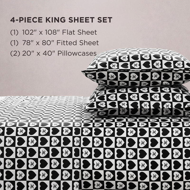 Juicy Couture Printed Microfiber Sheet Set, King, Logo Checkerboard Heart