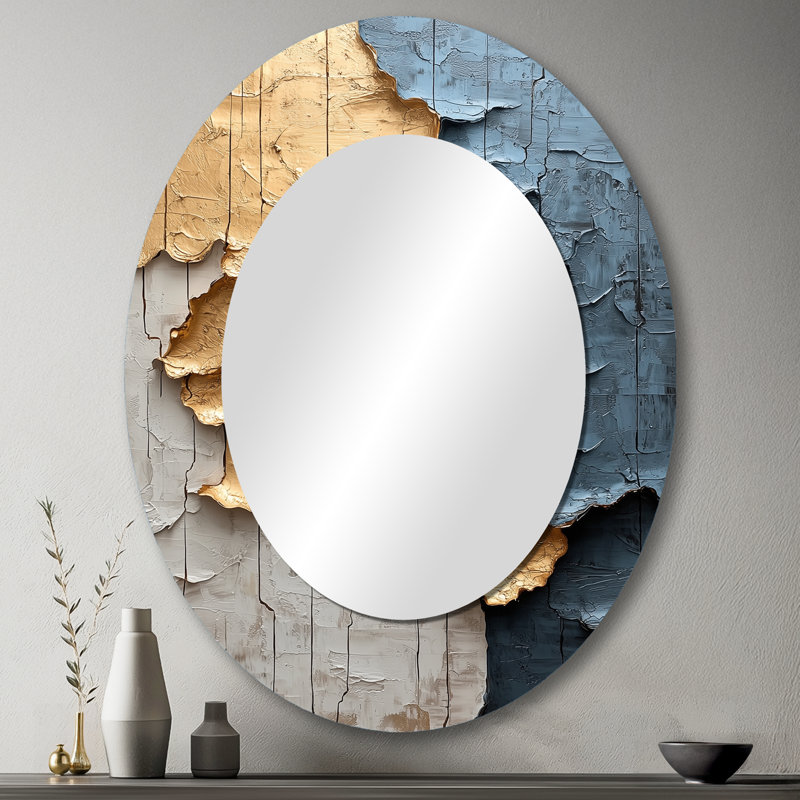 Gold And Grey Japanese Zen Tiles I - Large Oval Wall Mirror On Metal, 43" x 33"