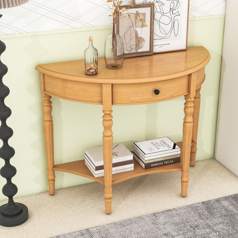 Console en bois avec tiroir et tablette, Naturel