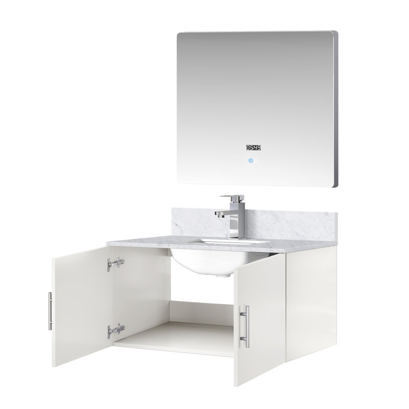 36 po L x P 22 po. Meuble-lavabo blanc brillant, comptoir en marbre, robinet, miroir à DEL - aux rayures et aux taches