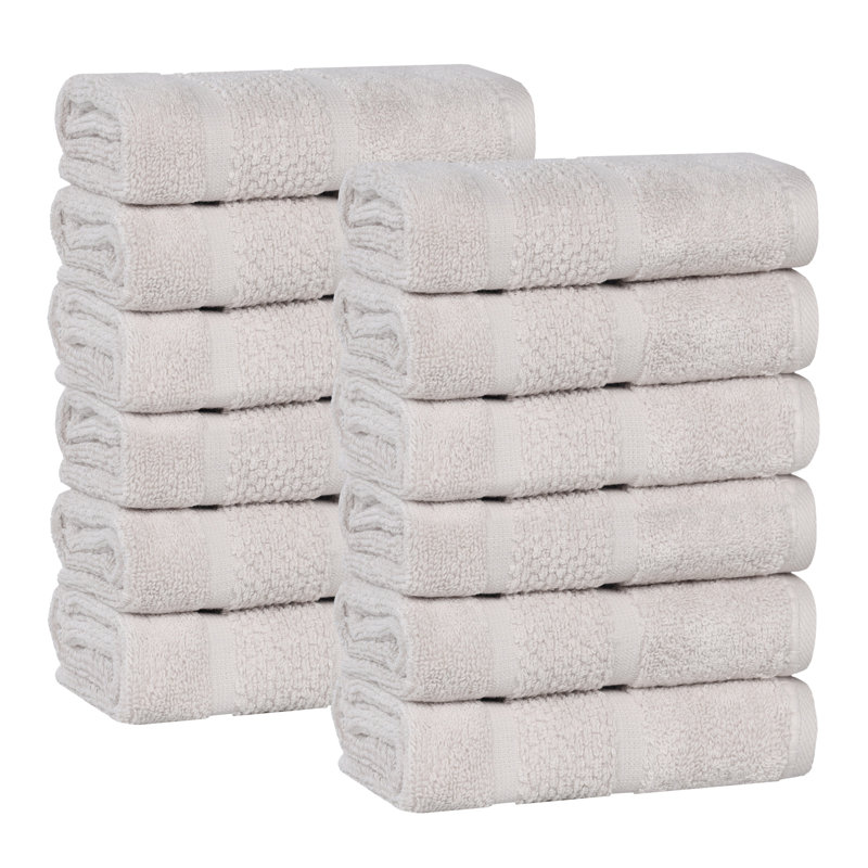 Mile Smart Twist Viscose Cotton Blend Medium Weight Solid Thick Border Towel Set, Silver, Washcloth - 12 Pack