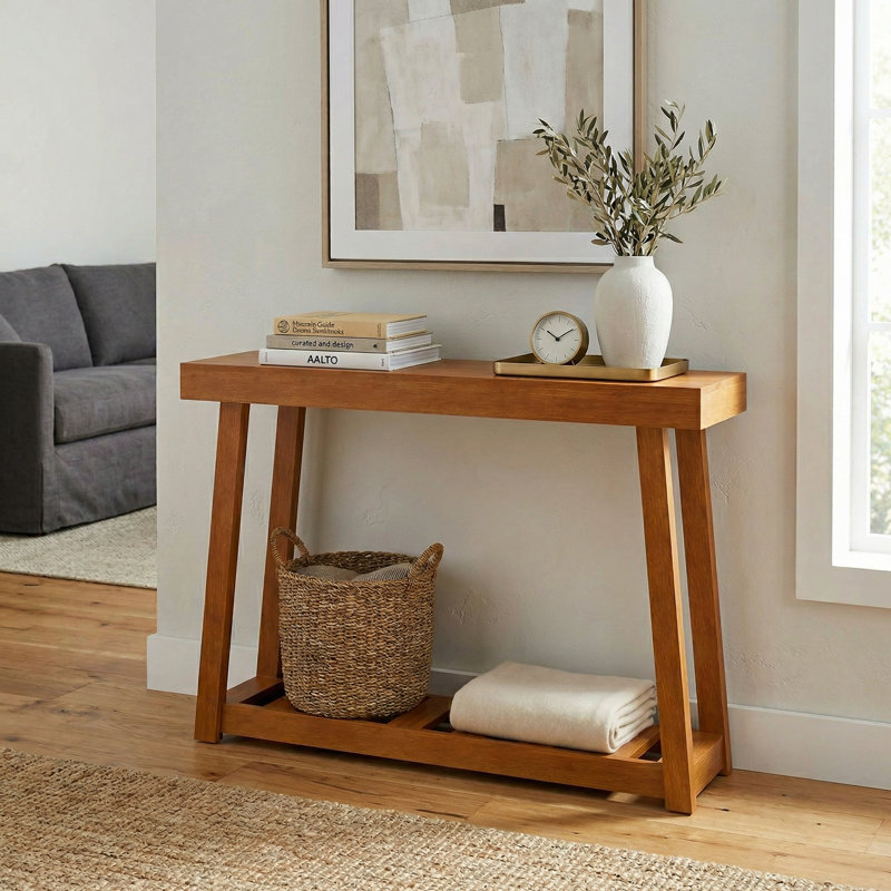 Caomhan Modern Console Table With Slatted Storage Shelf, Amber Walnut