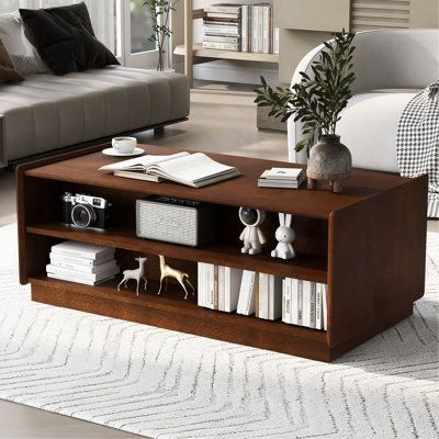 Table basse moderne rectangulaire avec 4 tiroirs et 2 tablettes, table basse en bois trempé de 47,2 po de style cannelé pour le salon