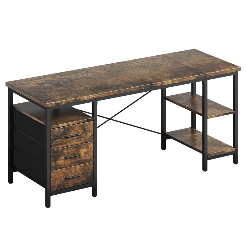 Metal Base Computer Desk,Gaming Desk with 3 Fabric Drawers & Storage Shelves, Writing Work Study Desk for Home Office Bedroom, Modern Simple Student PC Desks Table
