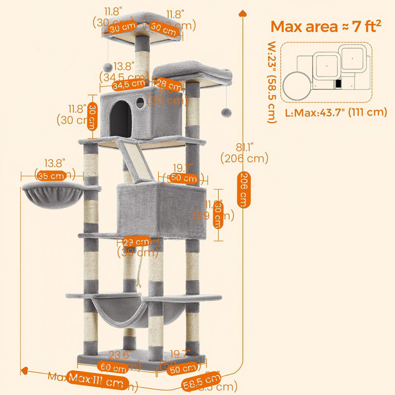 Arbre à chat 81,1 po avec 13 poteaux à griffer, condo pour chat à plusieurs niveaux, Gris clair