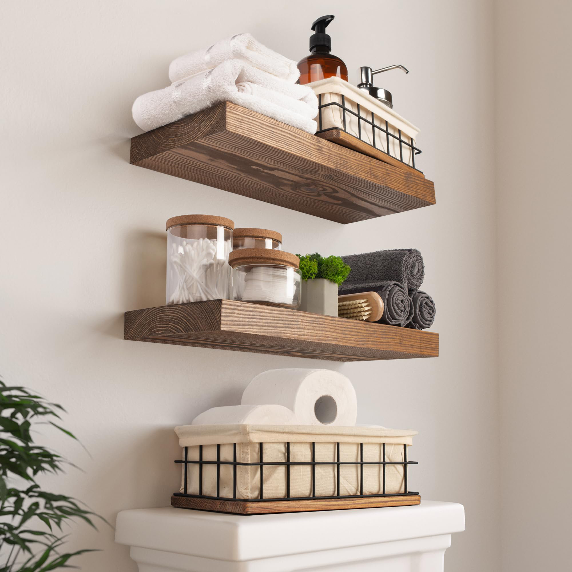 Wood Floating Shelves 16 inch - Bathroom Shelves for Room Wall Mount - Wide Wooden Wall Shelves for Bedroom Kitchen Living Room - Walnut - 16d x 6.7W, image size:2000x2000